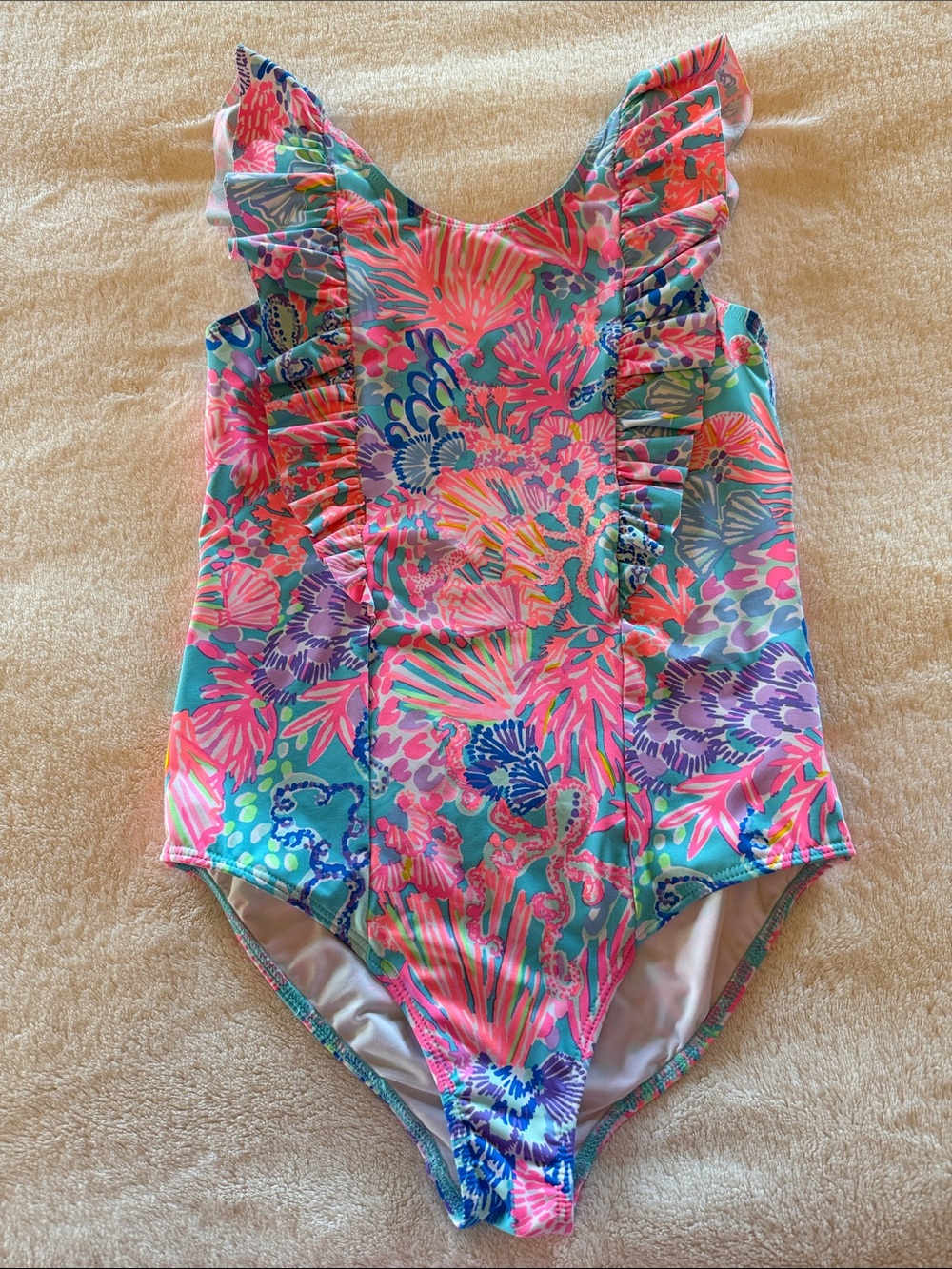Lilly Pulitzer Pink, Blue & Purple Floral Ruffle One-Piece Swimsuit